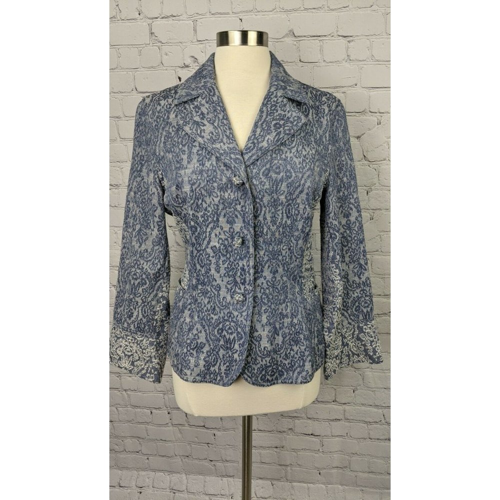 J Jill Blue & White Jacquard Fitted Blazer with Knot Buttons. Size 12